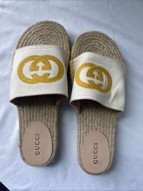 Gucci Cream Canvas Espadrille Slides with Yellow GG Embroidery